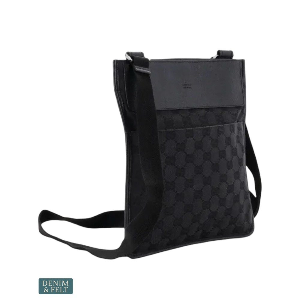 Gucci Vintage GG Canvas & Leather Flat Messenger Crossbody Bag Black‎ Italy
